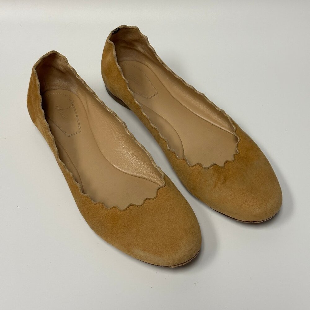 Chloé Women's Lauren Scalloped Suede Leather Camel Tan Ballet Flats Size 37